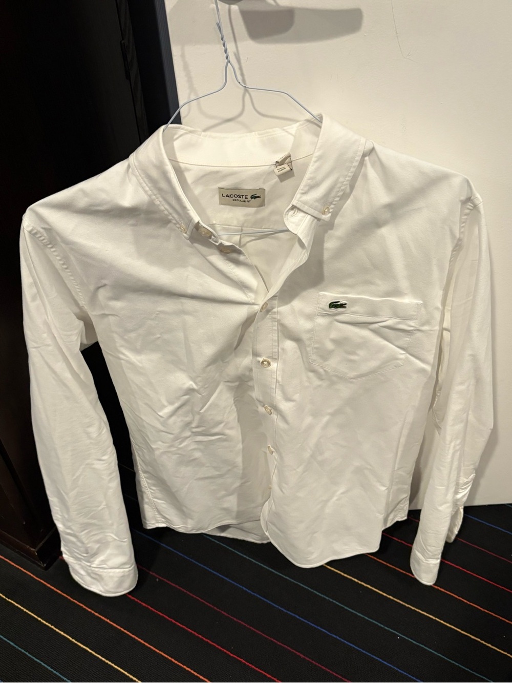 Lacoste Men’s White Long-Sleeve Button-Down Shirt with Crocodile Logo
